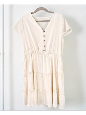 Cream Tiered Ruffled V-Neck Button Front Mini Dress